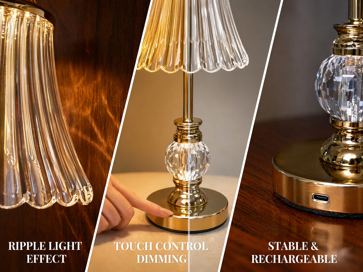 Lampe de chevet sans fil dorée, abat-jour strié et boule à facettes