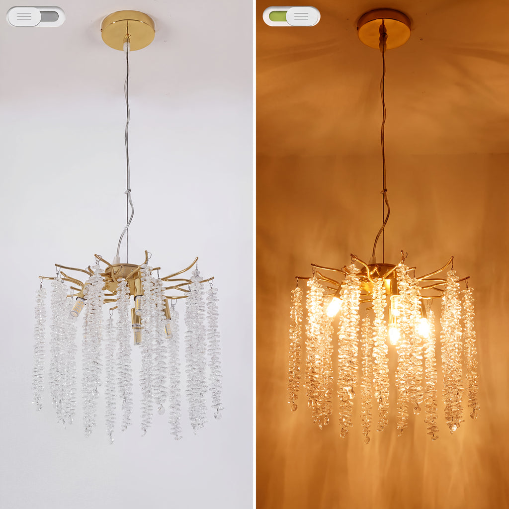 Lustre glycine doré à pampilles de cristal, Ø 30 cm, 5 lumières
