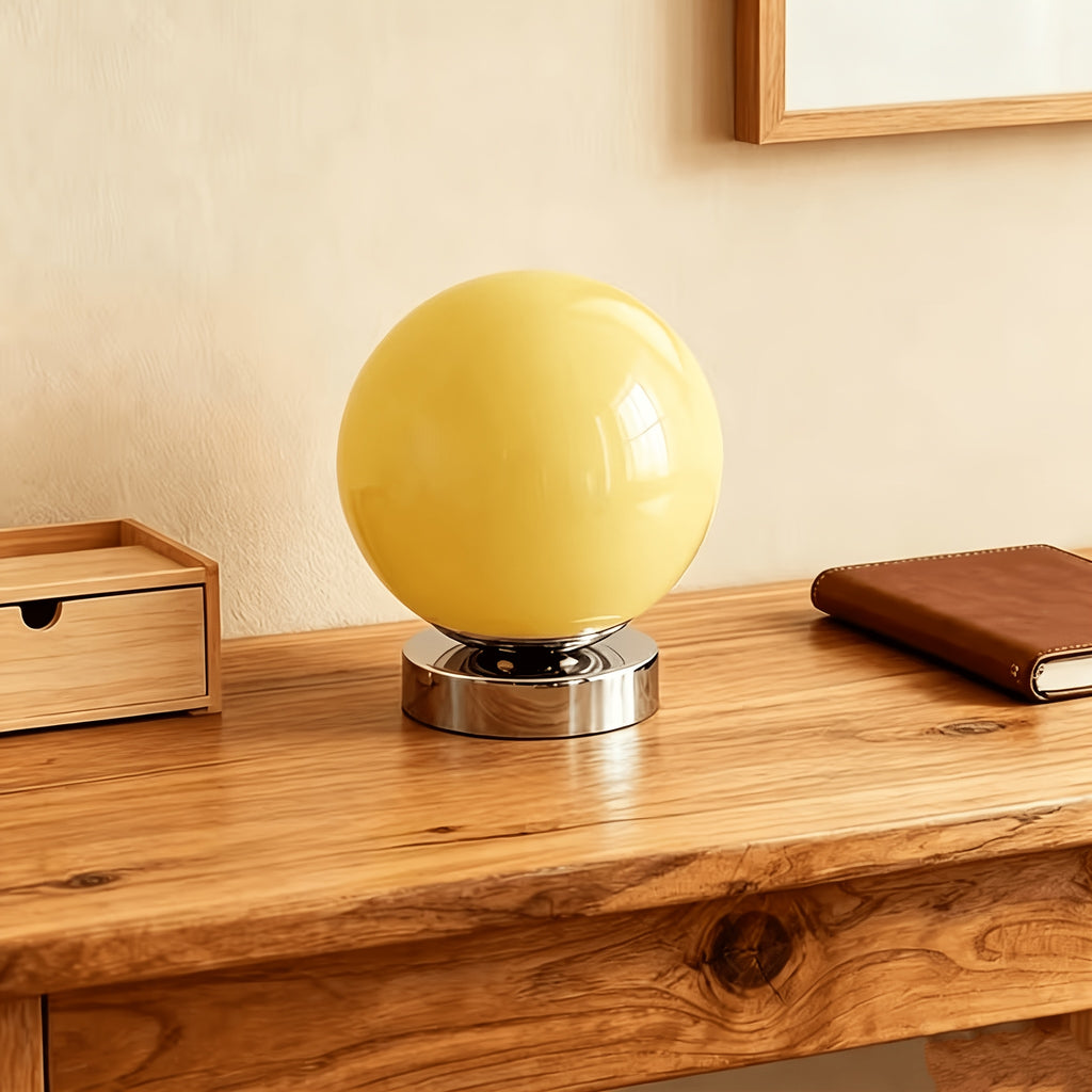 Lampe boule en verre rose sur socle chromé, USB et variateur