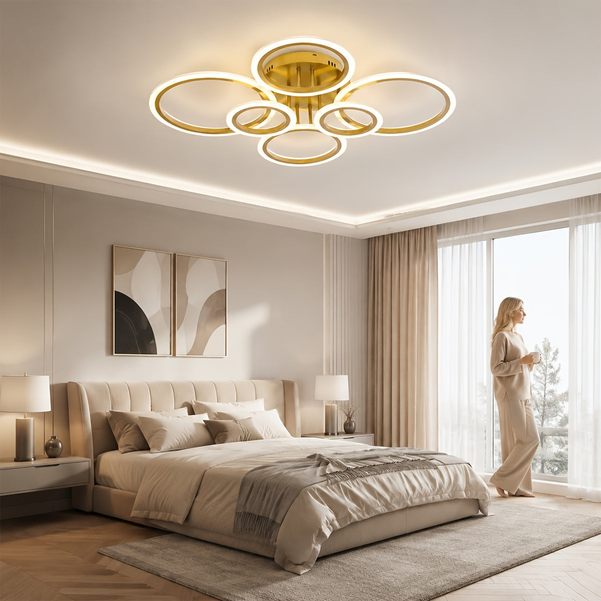 Grand plafonnier LED à 6 anneaux, doré ou noir, 79 cm, trois teintes