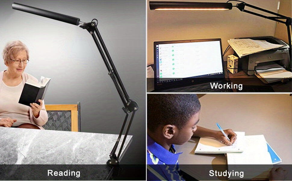 Lampe de bureau LED à pince, bras articulé noir et barre de 33 cm