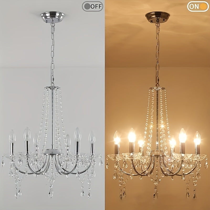 Lustre chromé à 6 bras et pampilles de cristal, douilles E14