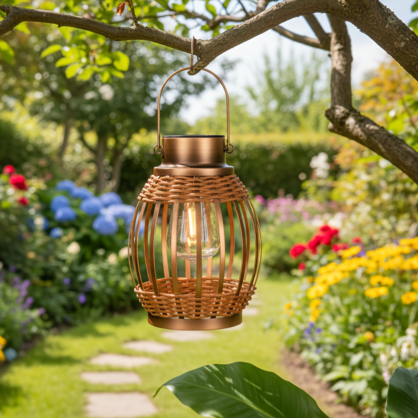 Lanterne solaire bohème tressée, ampoule filament et métal cuivré