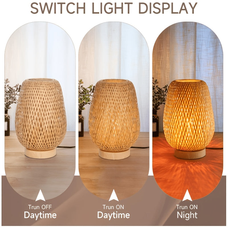 Lampe de chevet en bambou tressé, forme d'œuf sur socle en bois