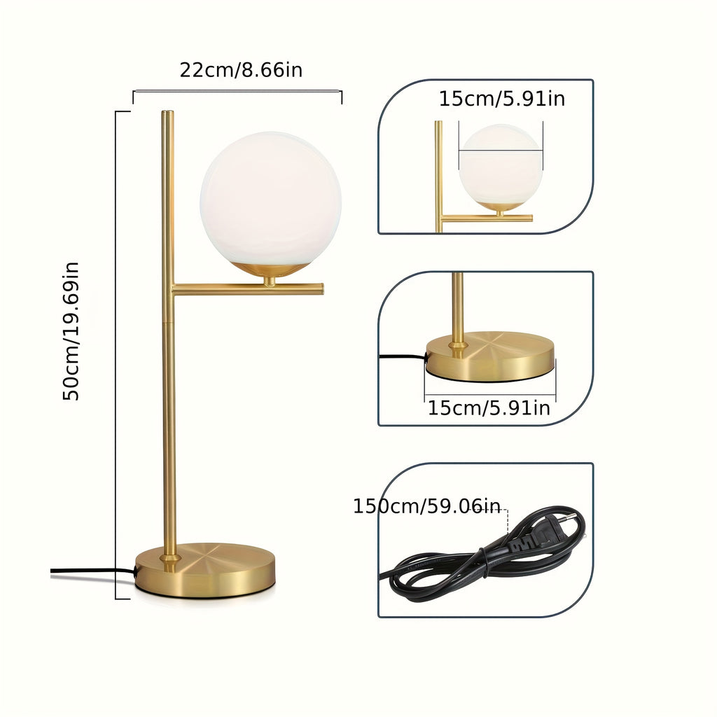 Lampe de chevet globe en verre opalin sur tige noire ou dorée, E27
