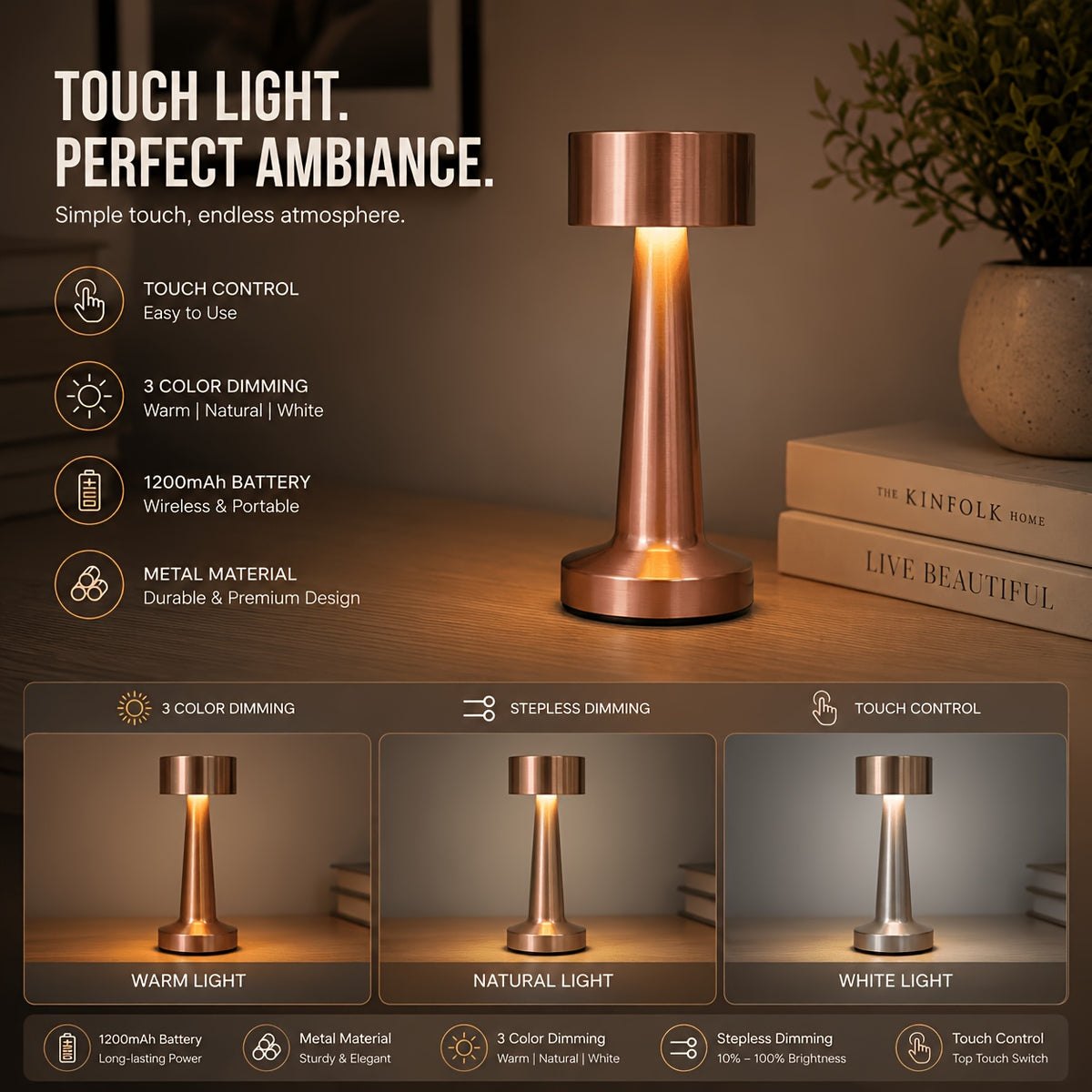 Lampe de bureau sans fil compacte en métal, tête Ø 9 cm tactile