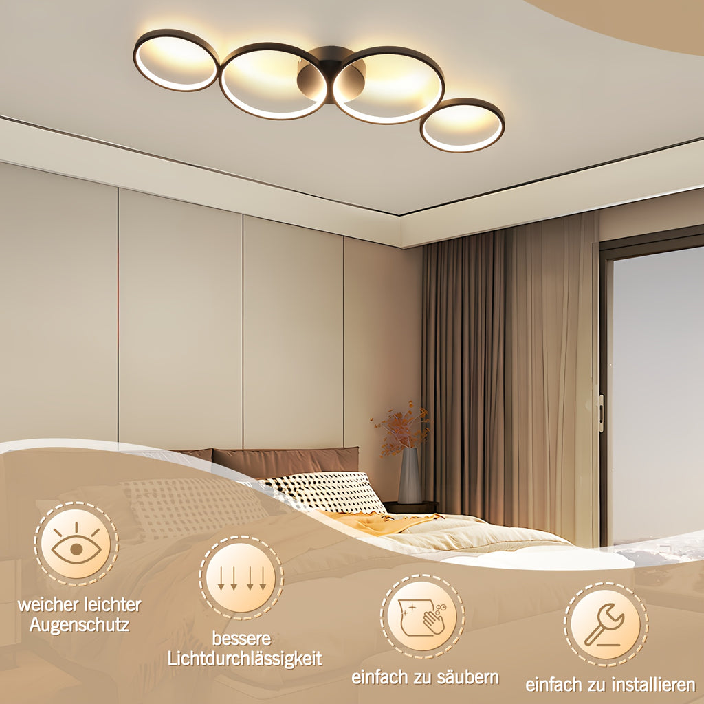 Plafonnier LED 4 anneaux noir ou blanc, 88 ou 100 cm, ou suspendu