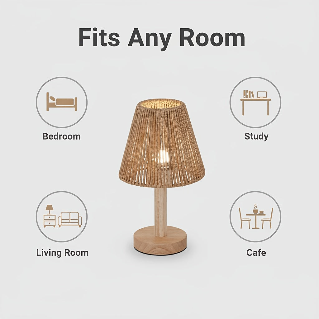 Lampe de chevet en bois et abat-jour conique en corde tressée, 25 cm