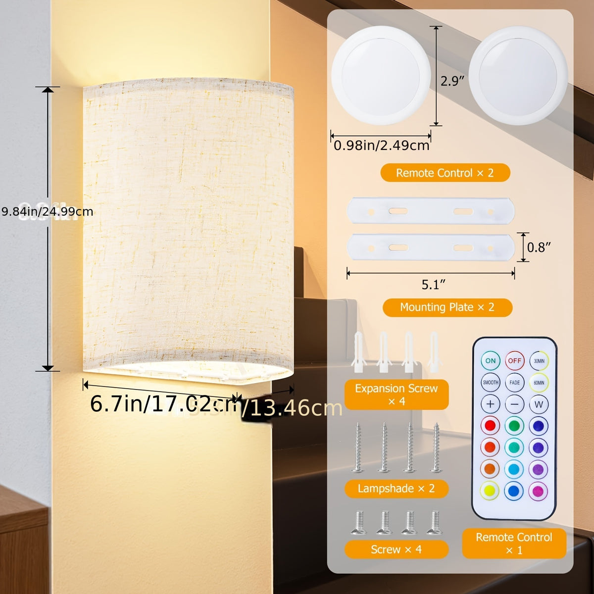 Applique murale LED sans fil en lin, lot de 2 demi-cylindres RVB