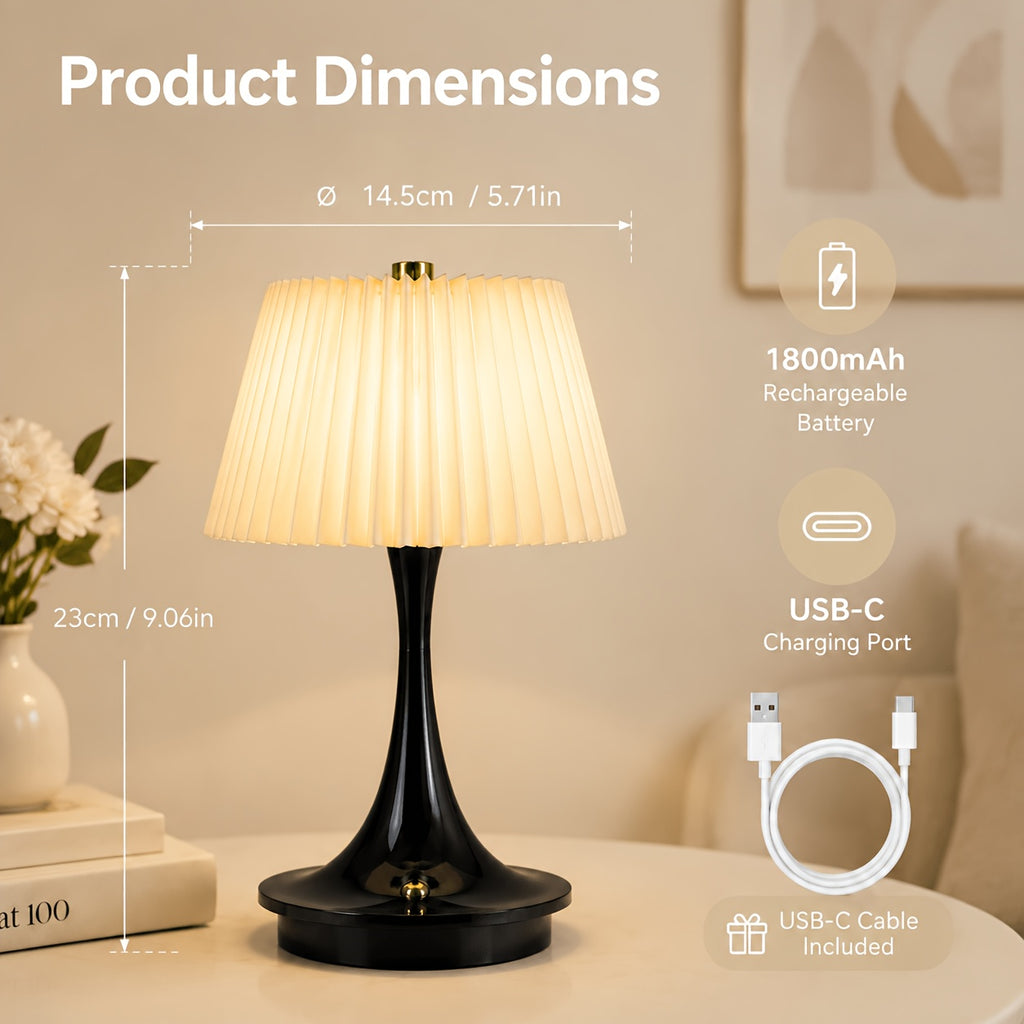 Lampe de chevet sans fil plissée sur pied trompette, 23 cm, 1800 mAh