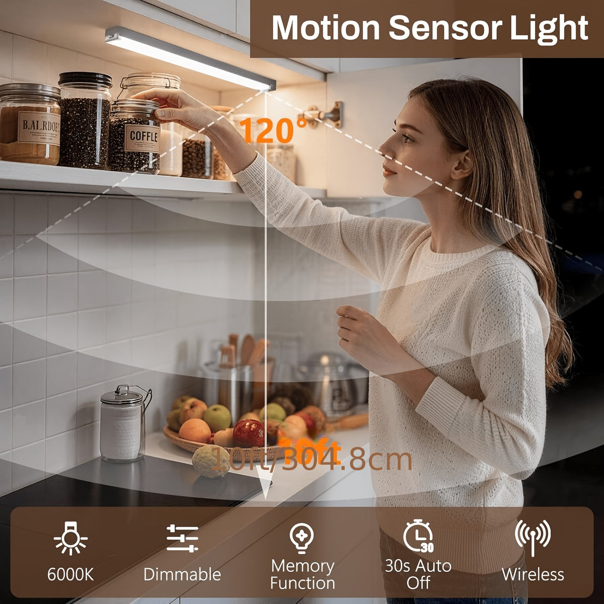 Lot de 3 réglettes LED à détecteur, 25, 35 ou 60 cm, trois fixations