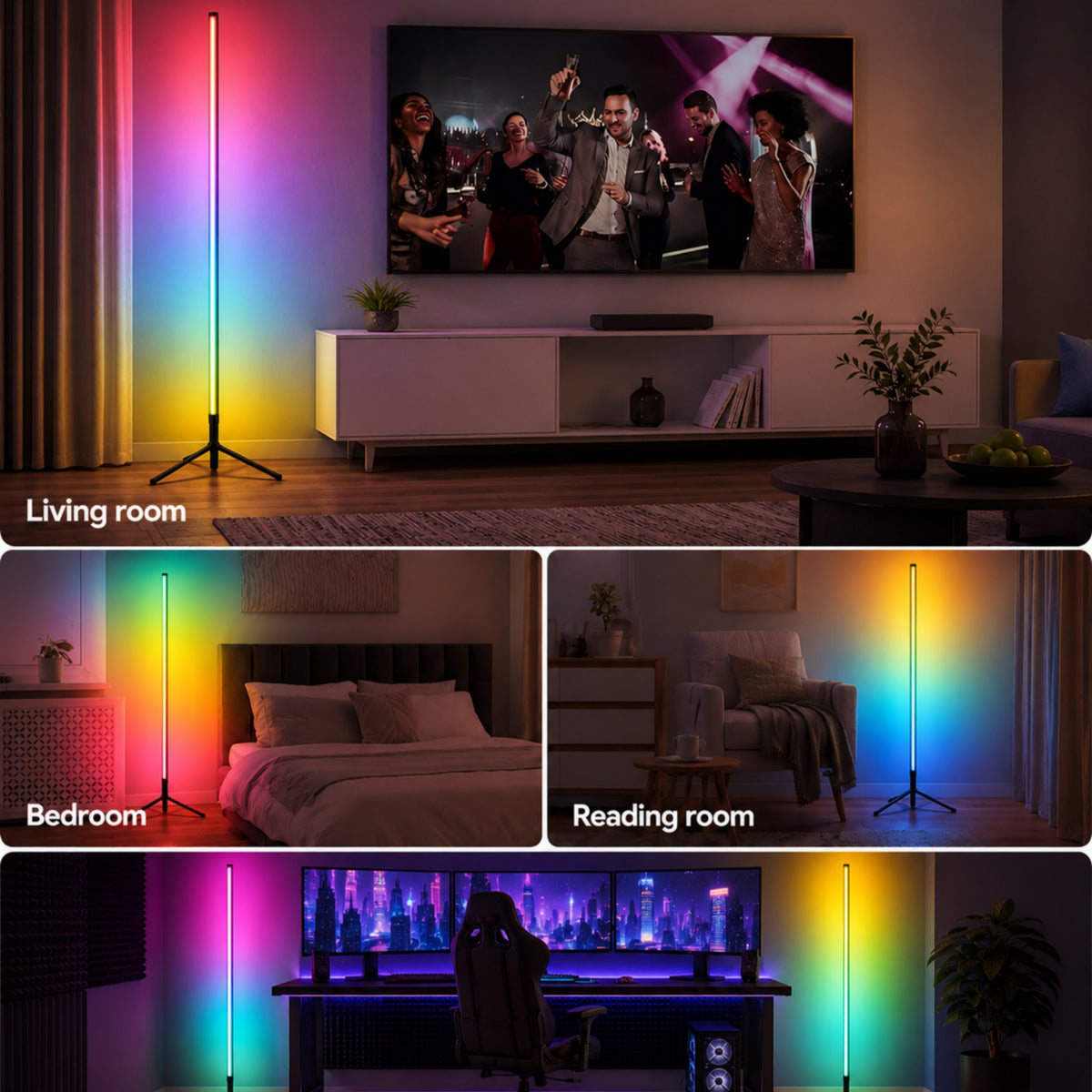 Lampadaire d'angle LED RVB sur trépied, synchronisé à la musique
