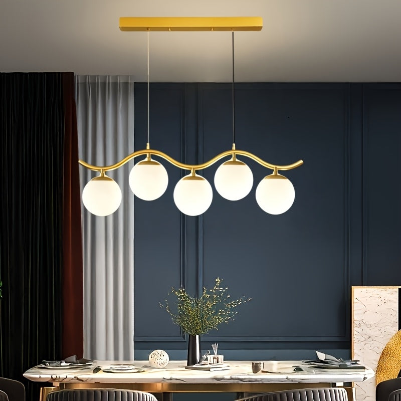 Suspension 5 globes sur barre ondulée, noire, dorée ou blanche