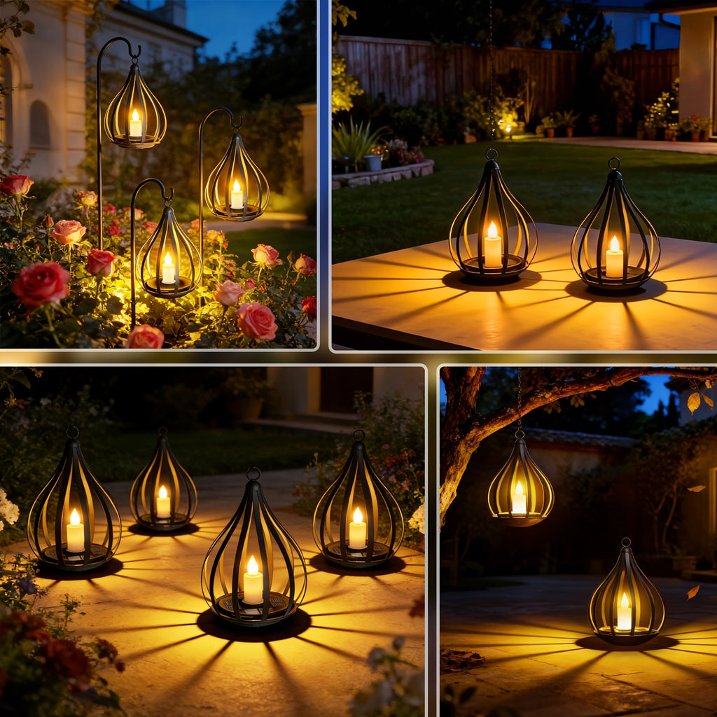 Lanterne solaire goutte en métal noir, bougie LED vacillante, IP65