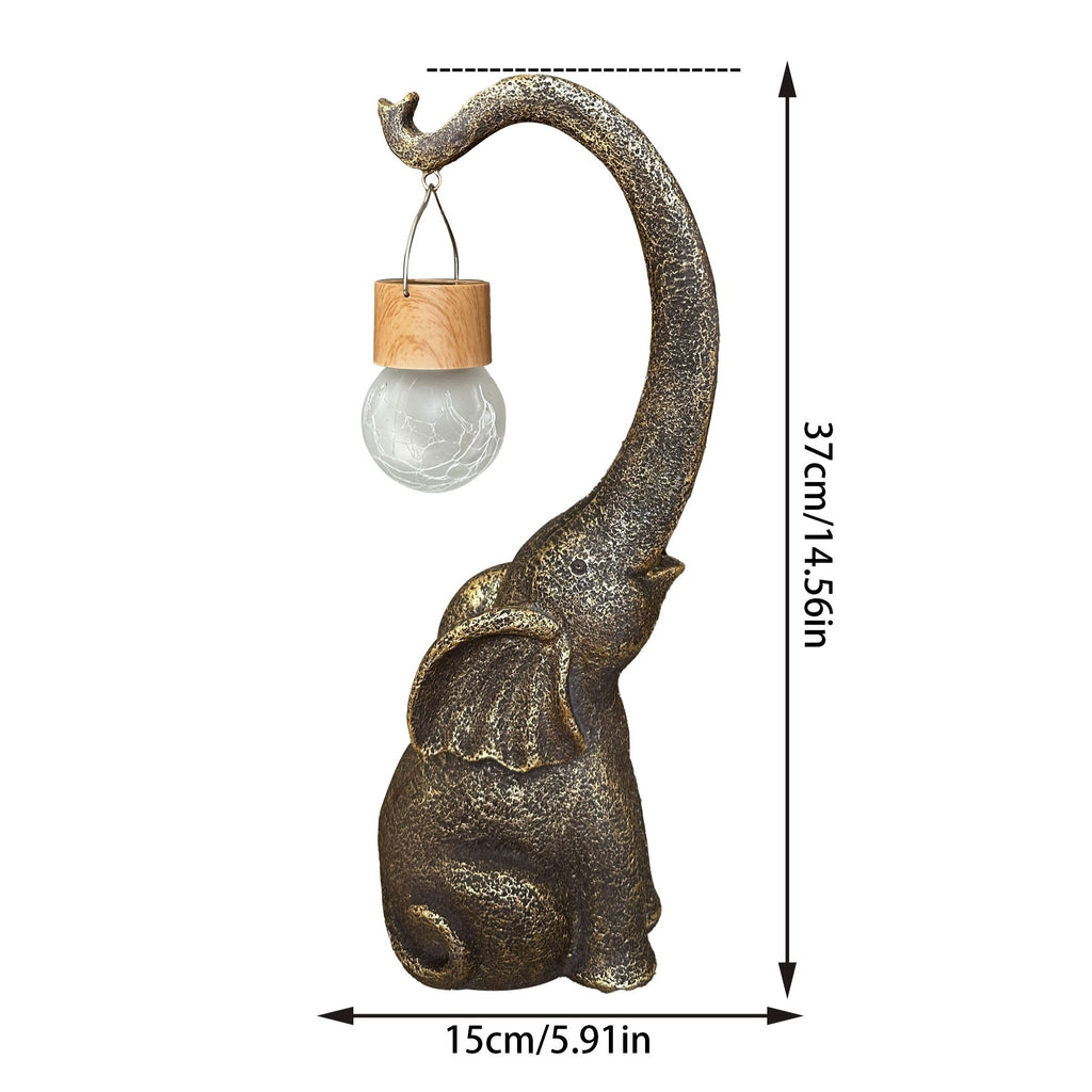 Lampe solaire d'extérieur éléphant en résine dorée, globe craquelé
