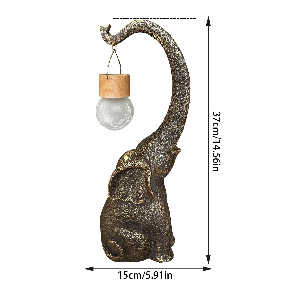 Lampe solaire d'extérieur éléphant en résine dorée, globe craquelé