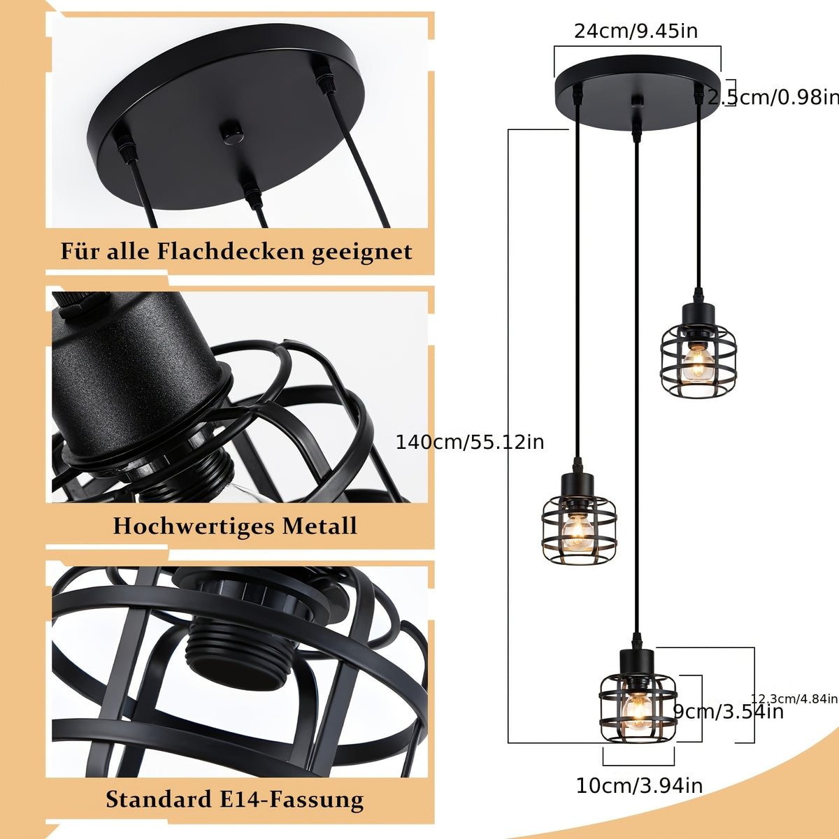 Suspension cages en métal noir E14, 1 lumière ou 3 en grappe