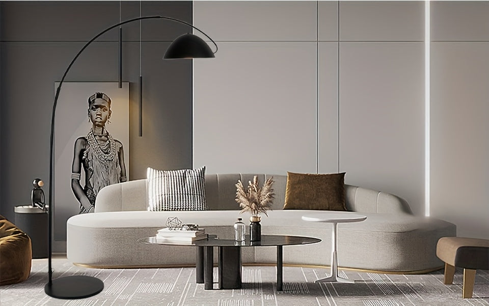 Lampadaire arc noir mat, dôme métal Ø 30 cm et portée réglable