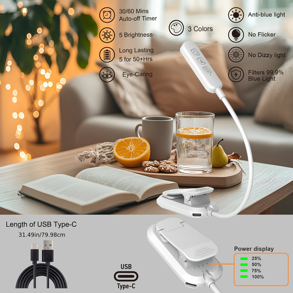 Lampe de lecture à pince avec arrêt programmé 30 ou 60 min, USB-C