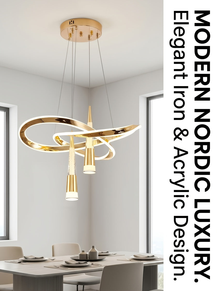 Lustre LED doré à rubans entrelacés et deux cônes, trois teintes