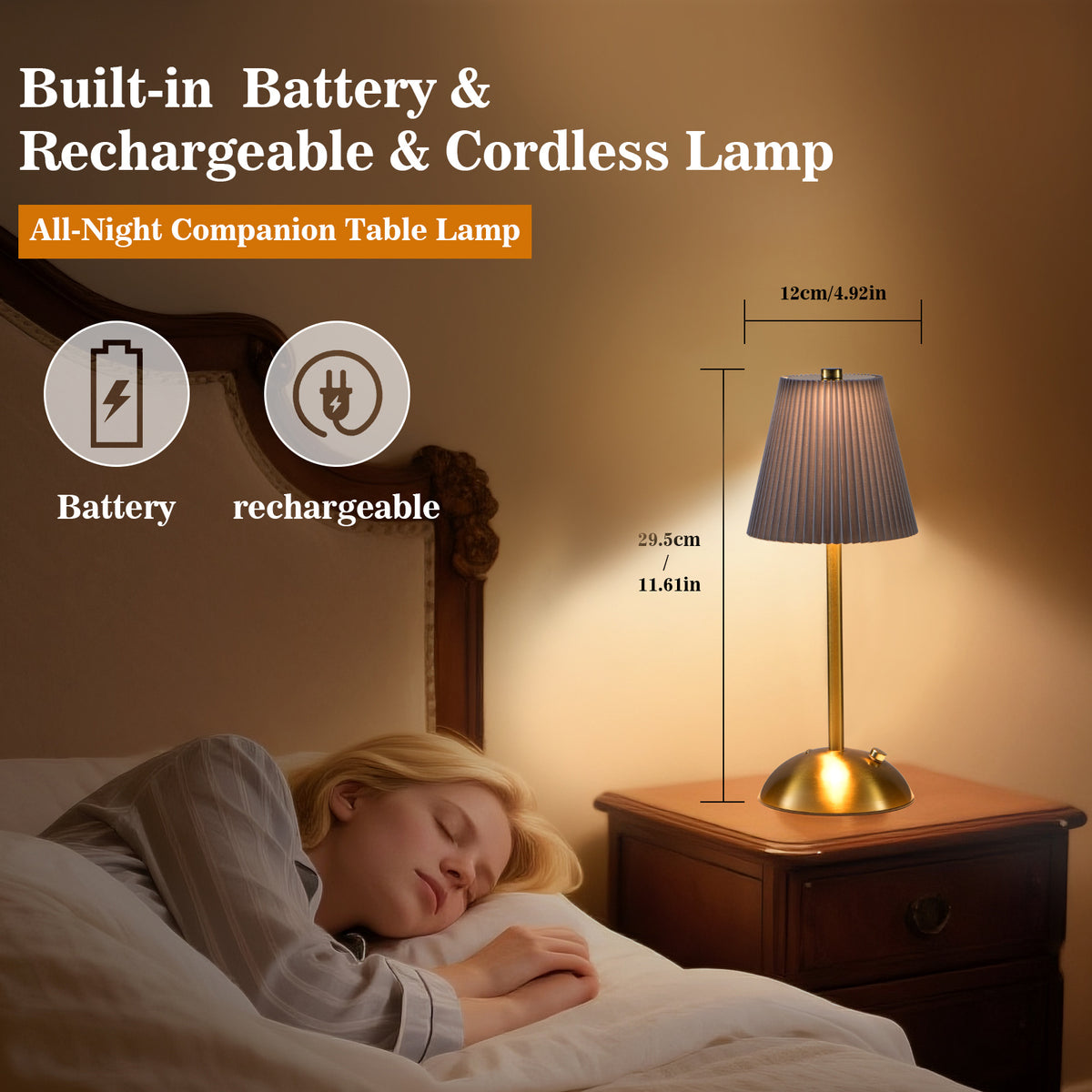 Lot de lampes de chevet sans fil plissées, socle doré, 4000 mAh