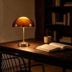 Lampe champignon à dôme ambré translucide et pied doré, 31 cm