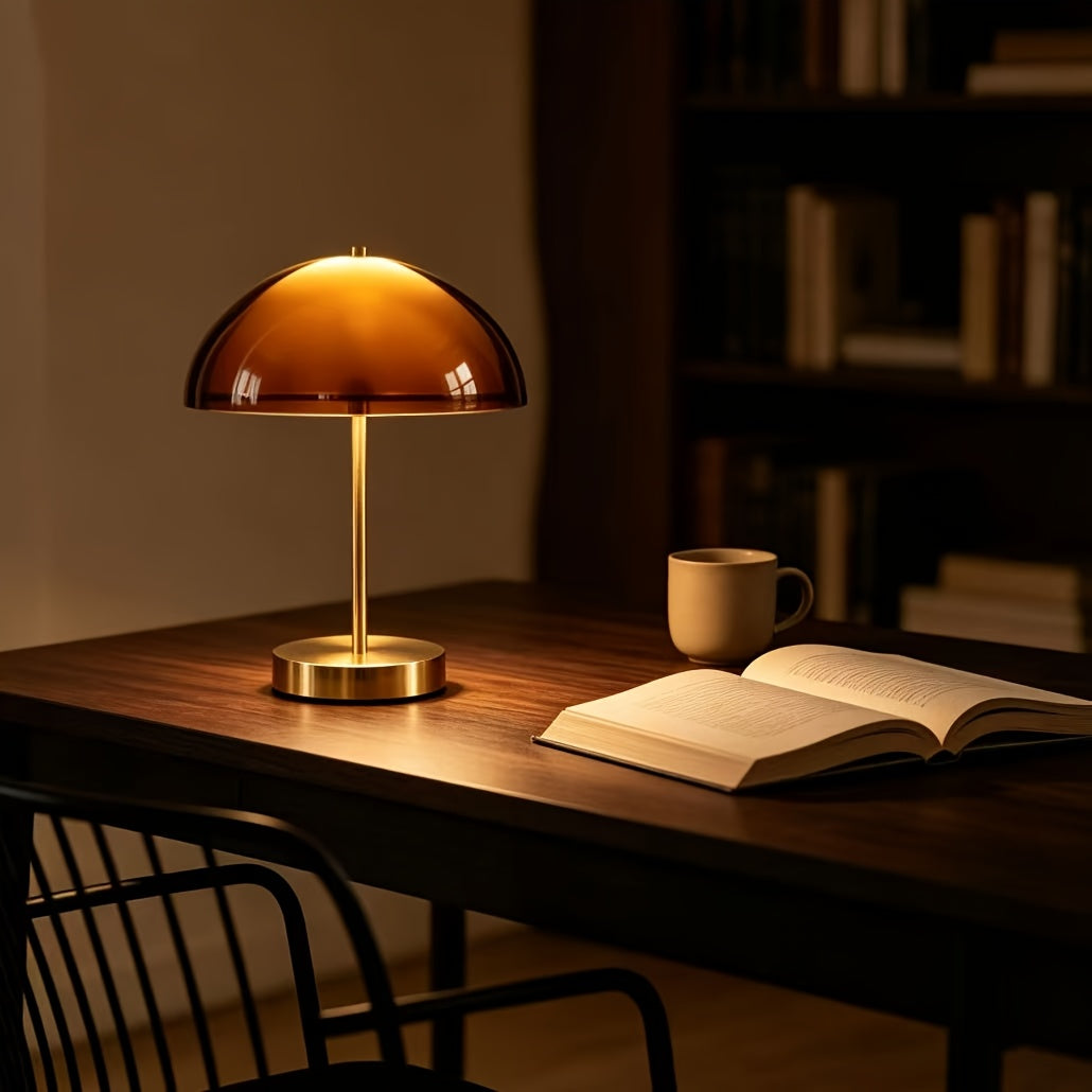 Lampe champignon à dôme ambré translucide et pied doré, 31 cm