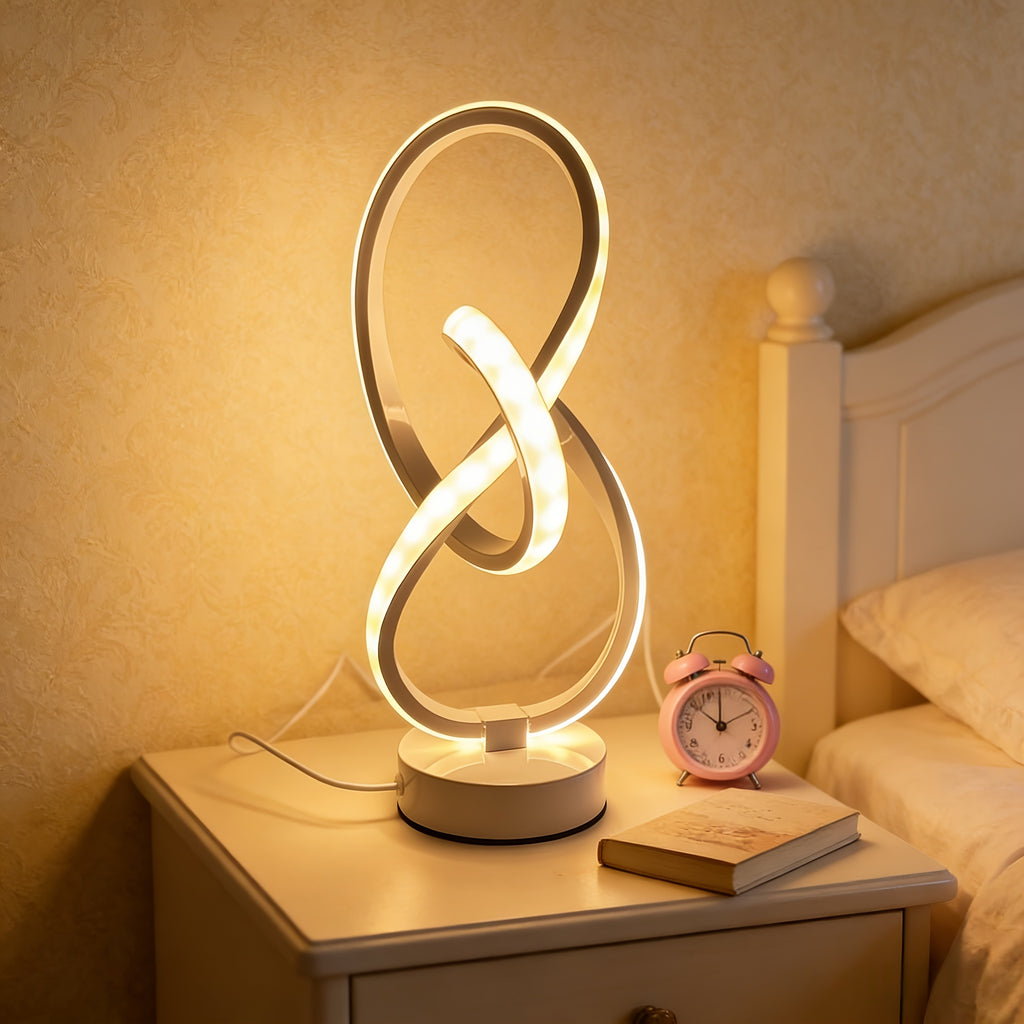Lampe à poser blanche en ruban LED noué, sculpture lumineuse