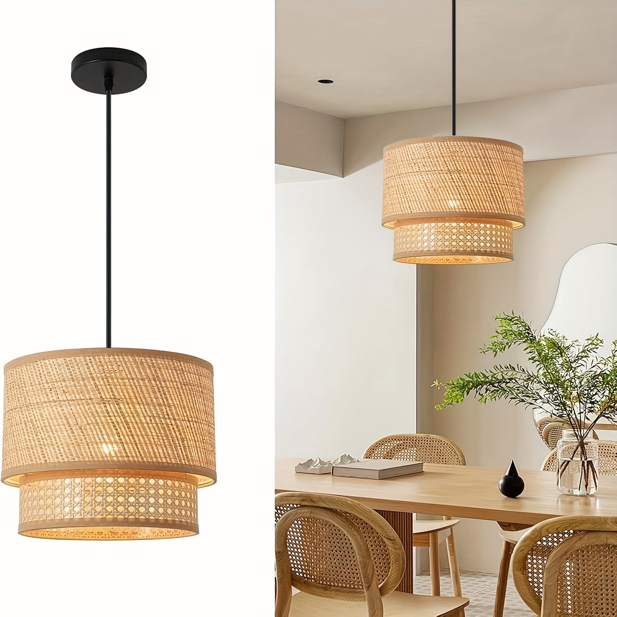 Lustre en rotin au cannage ajouré façon bistrot