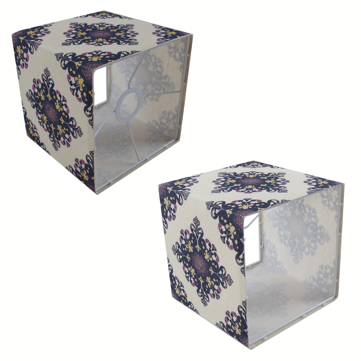 Abat-jour cube en tissu à médaillons bohèmes bleu nuit, 20 cm