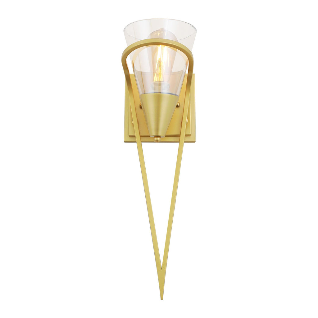 Applique murale dorée en V et cône de verre transparent, 50 cm