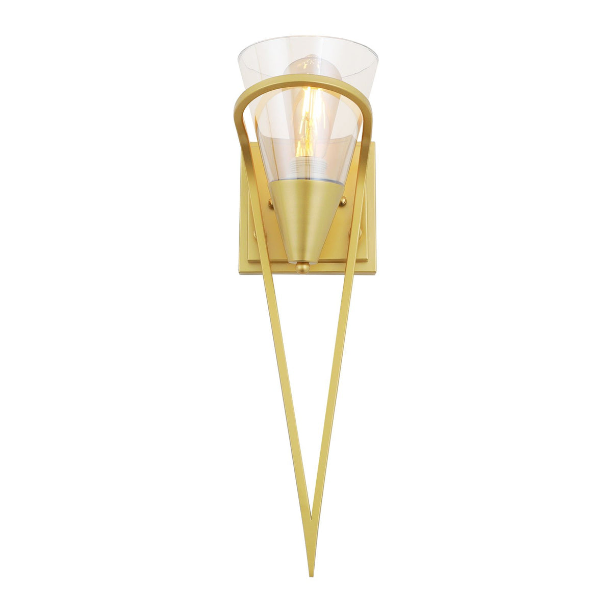 Applique murale dorée en V et cône de verre transparent, 50 cm