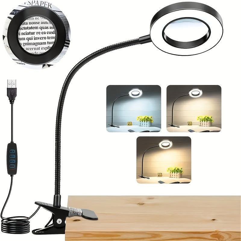 Lampe à pince avec loupe et anneau LED, col de 40 cm, blanche