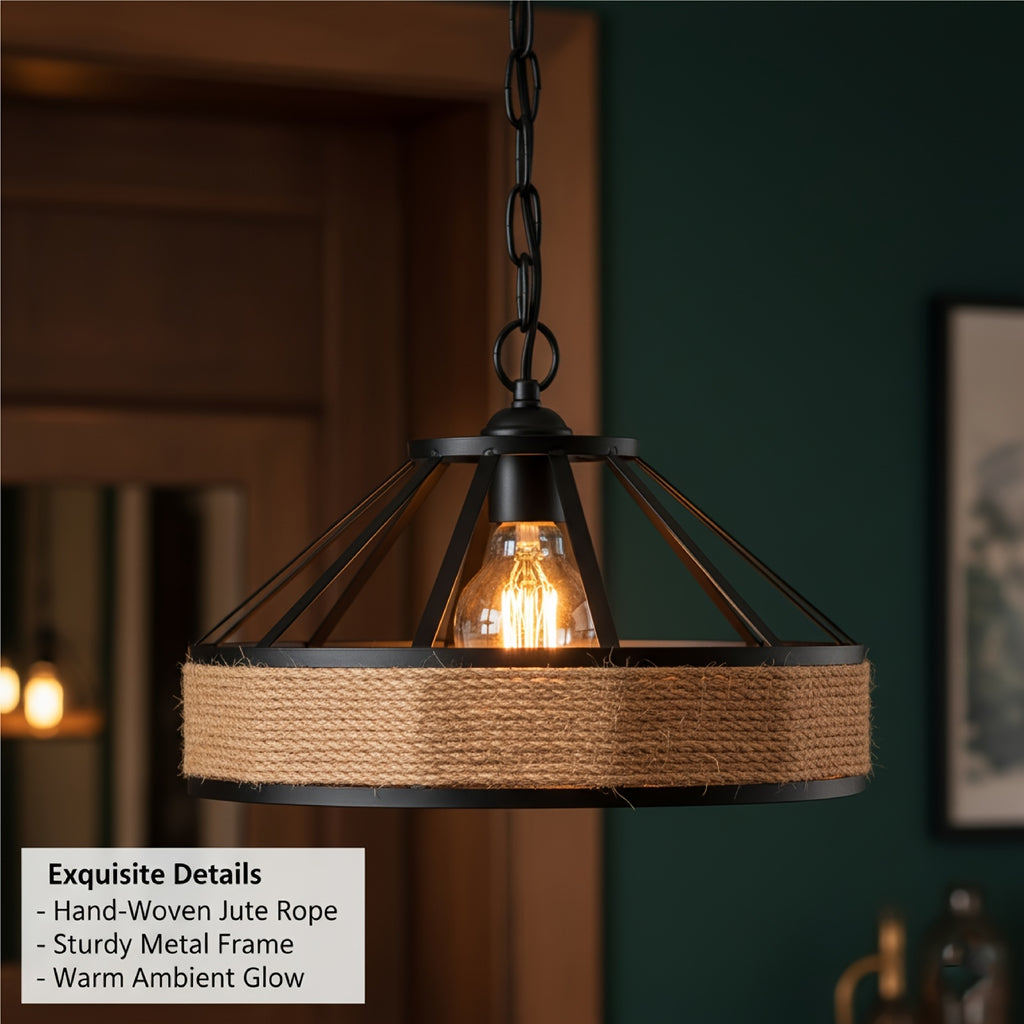 Abat-jour cage en métal noir et corde de jute naturelle, Ø 29 cm