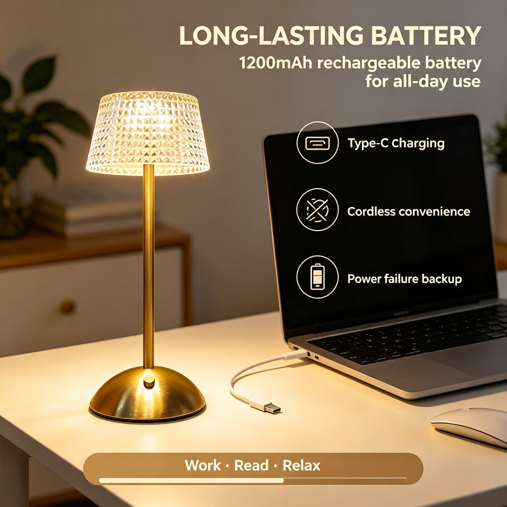Lampe de bureau LED sans fil, abat-jour acrylique taillé et pied doré