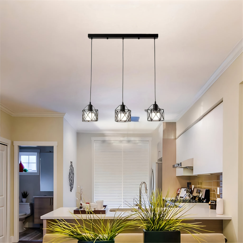 Suspension 3 cages noires sur barre de 50 cm, style industriel
