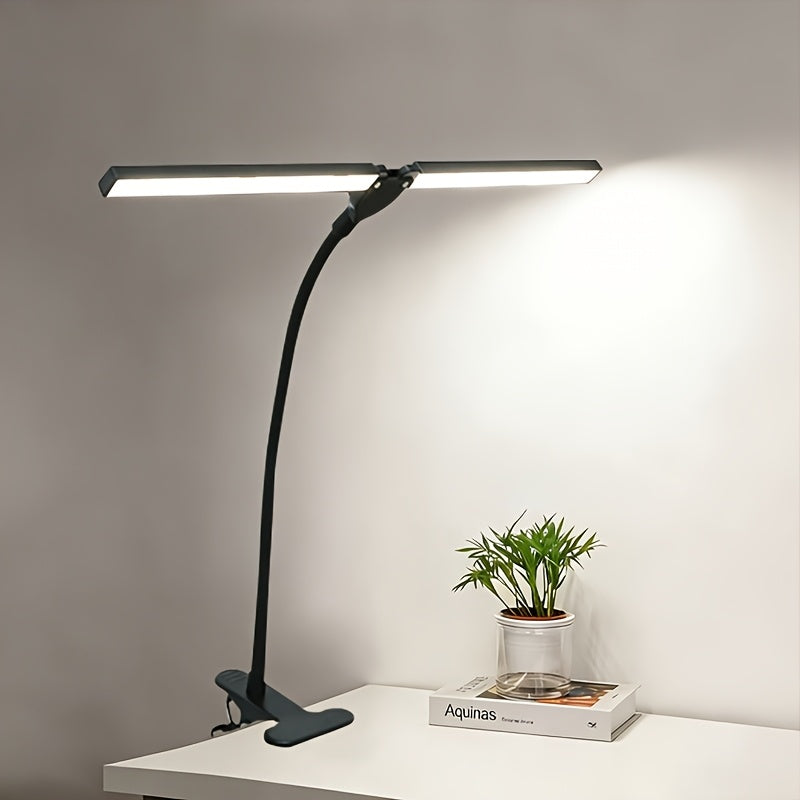 Lampe de bureau à pince double barre noire, interrupteur sur câble