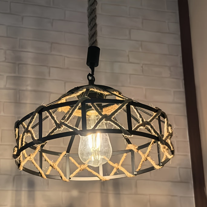 Abat-jour cage vintage en métal noir et corde de chanvre, Ø 30 cm