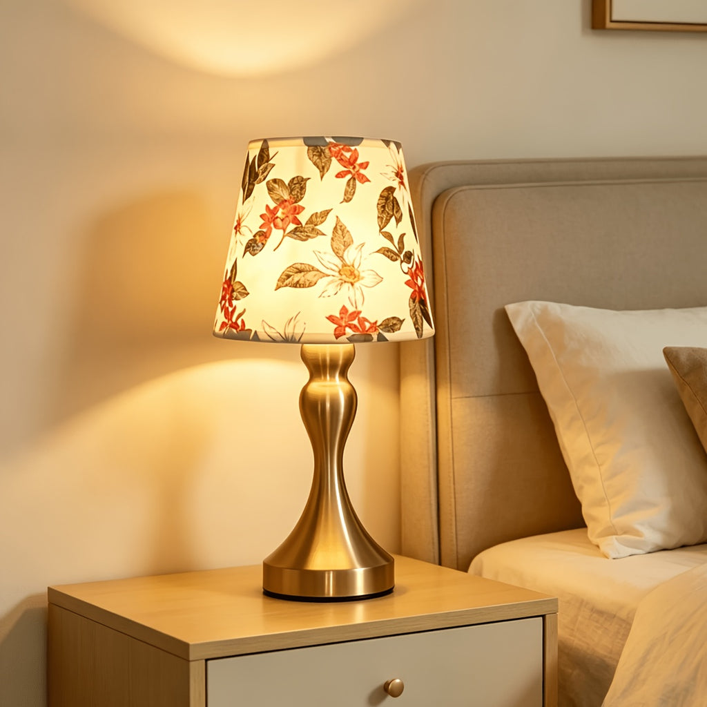 Lampe de chevet abat-jour à fleurs rouges, pied doré en sablier