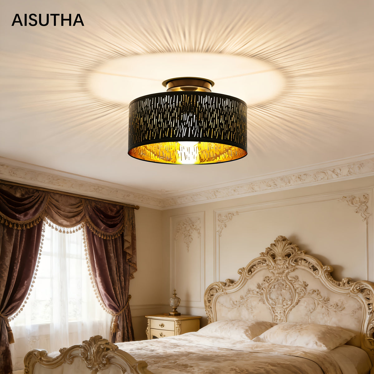 Plafonnier noir abat-jour tambour en tissu ajouré, intérieur doré