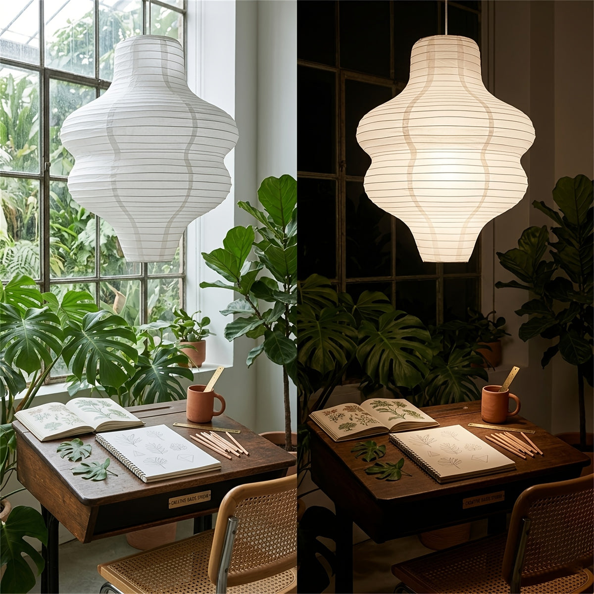 Abat-jour suspension en papier blanc ondulé, Ø 37 x H 46 cm