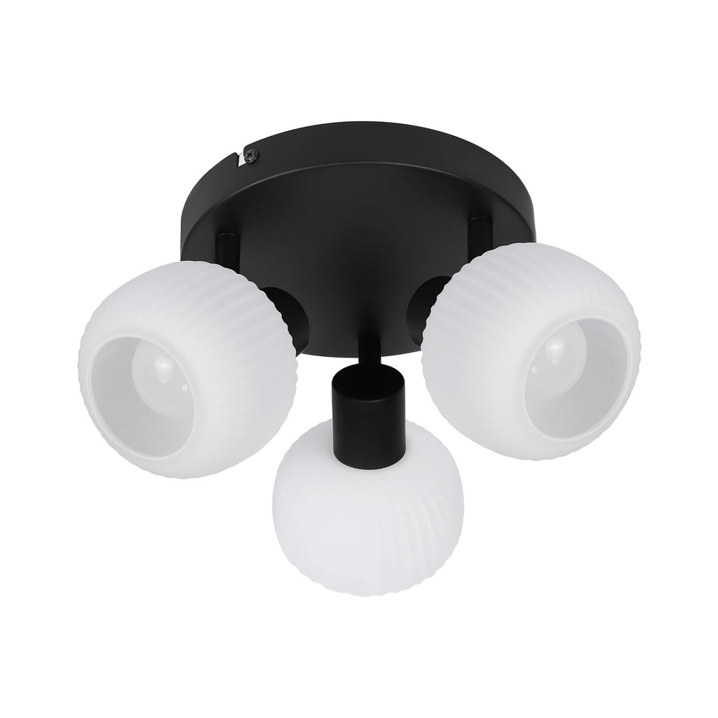 Plafonnier 3 globes en verre blanc côtelé sur platine noire, E14