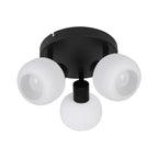 Plafonnier 3 globes en verre blanc côtelé sur platine noire, E14