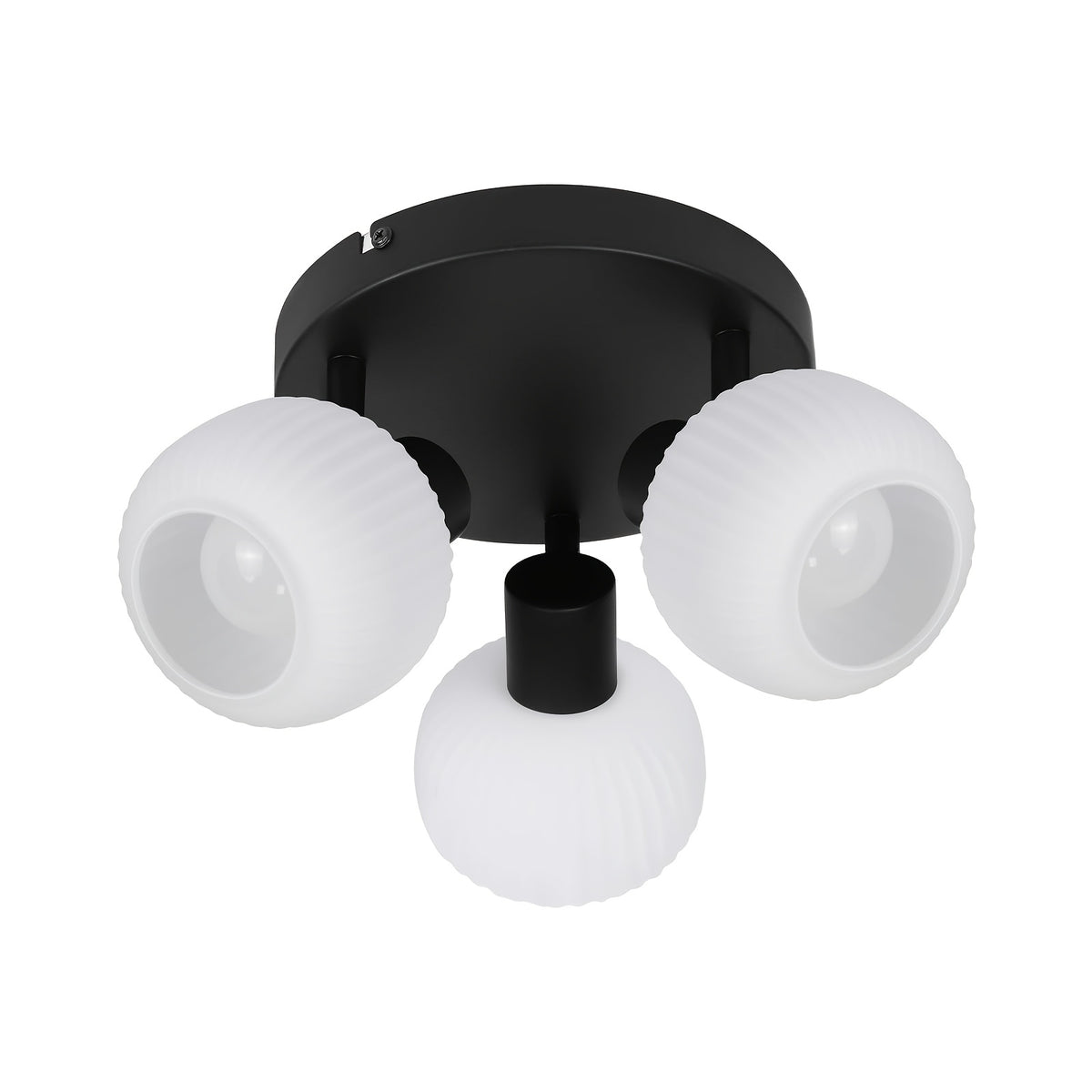 Plafonnier 3 globes en verre blanc côtelé sur platine noire, E14