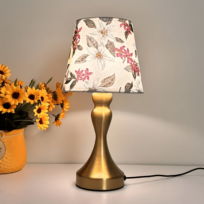 Lampe de chevet abat-jour à fleurs rouges, pied doré en sablier