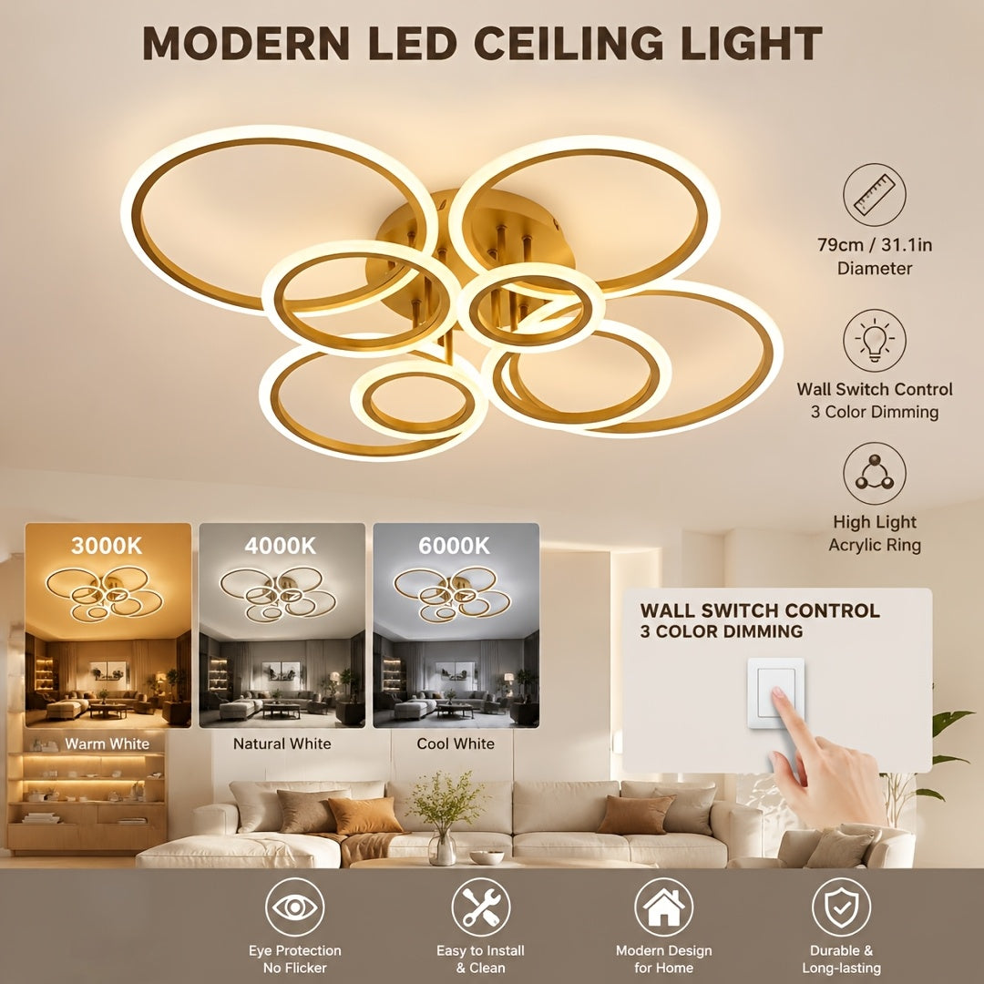 Plafonnier LED multi-anneaux Ø 79 ou 95 cm, blanc, noir ou doré