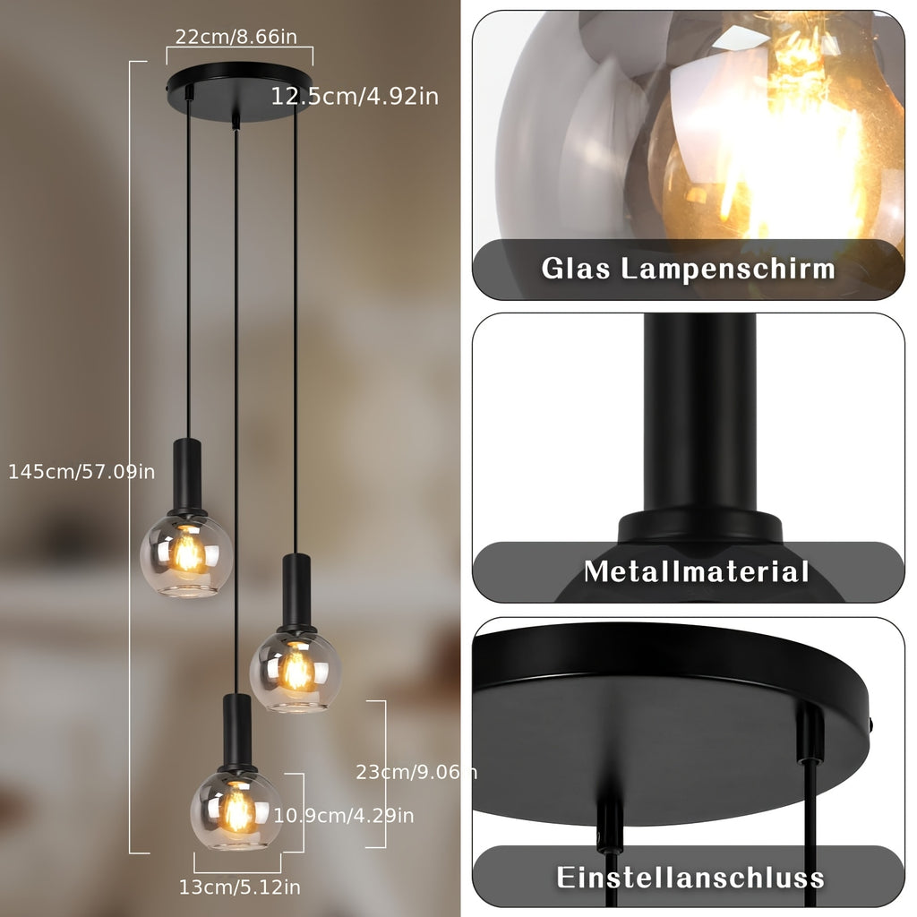 Suspension 3 globes en verre fumé sur cylindres noirs, E27