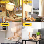Lampe de chevet robot en bois articulé, abat-jour en lin ivoire