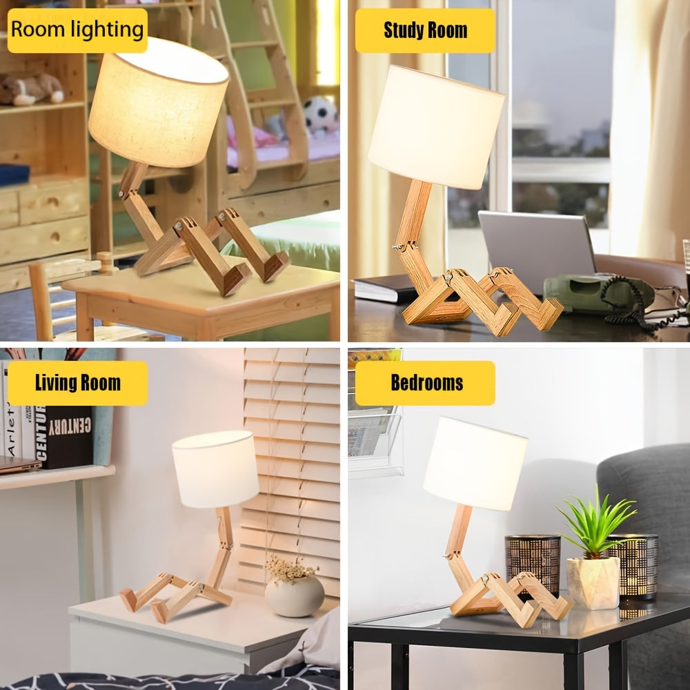Lampe de chevet robot en bois articulé, abat-jour en lin ivoire