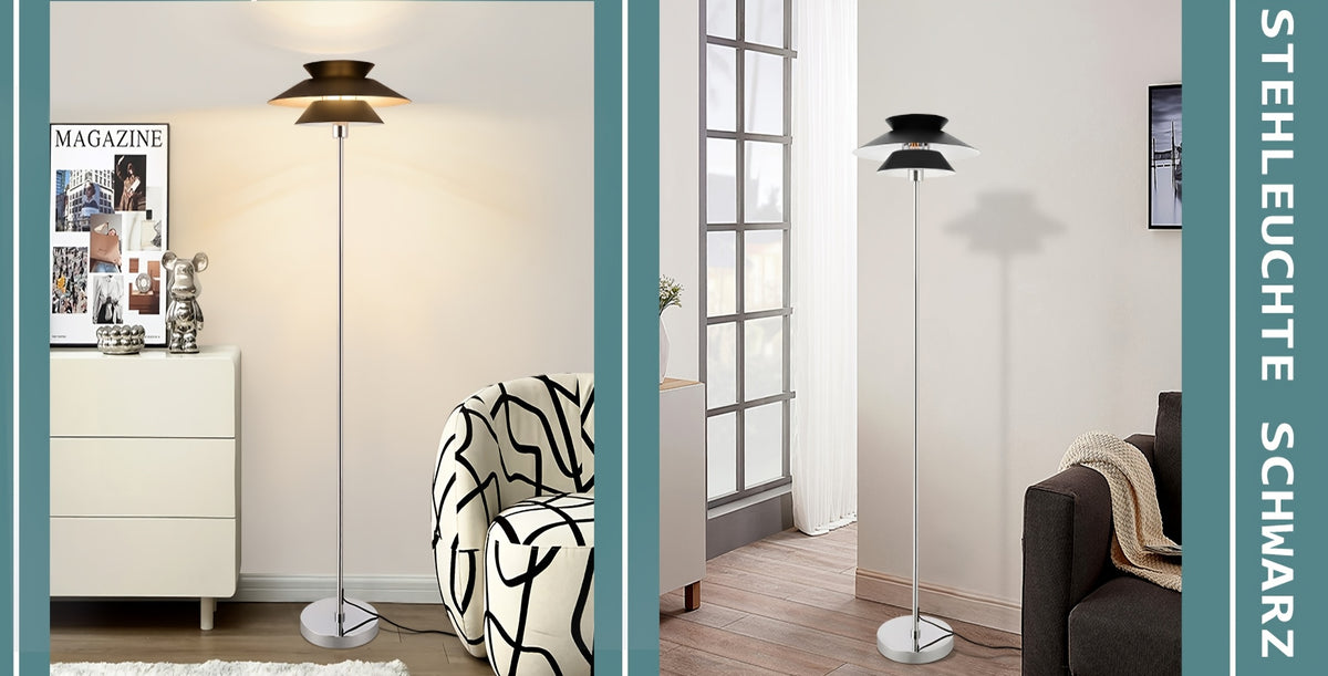 Lampadaire à double coupole noire et tige chromée, 145 cm